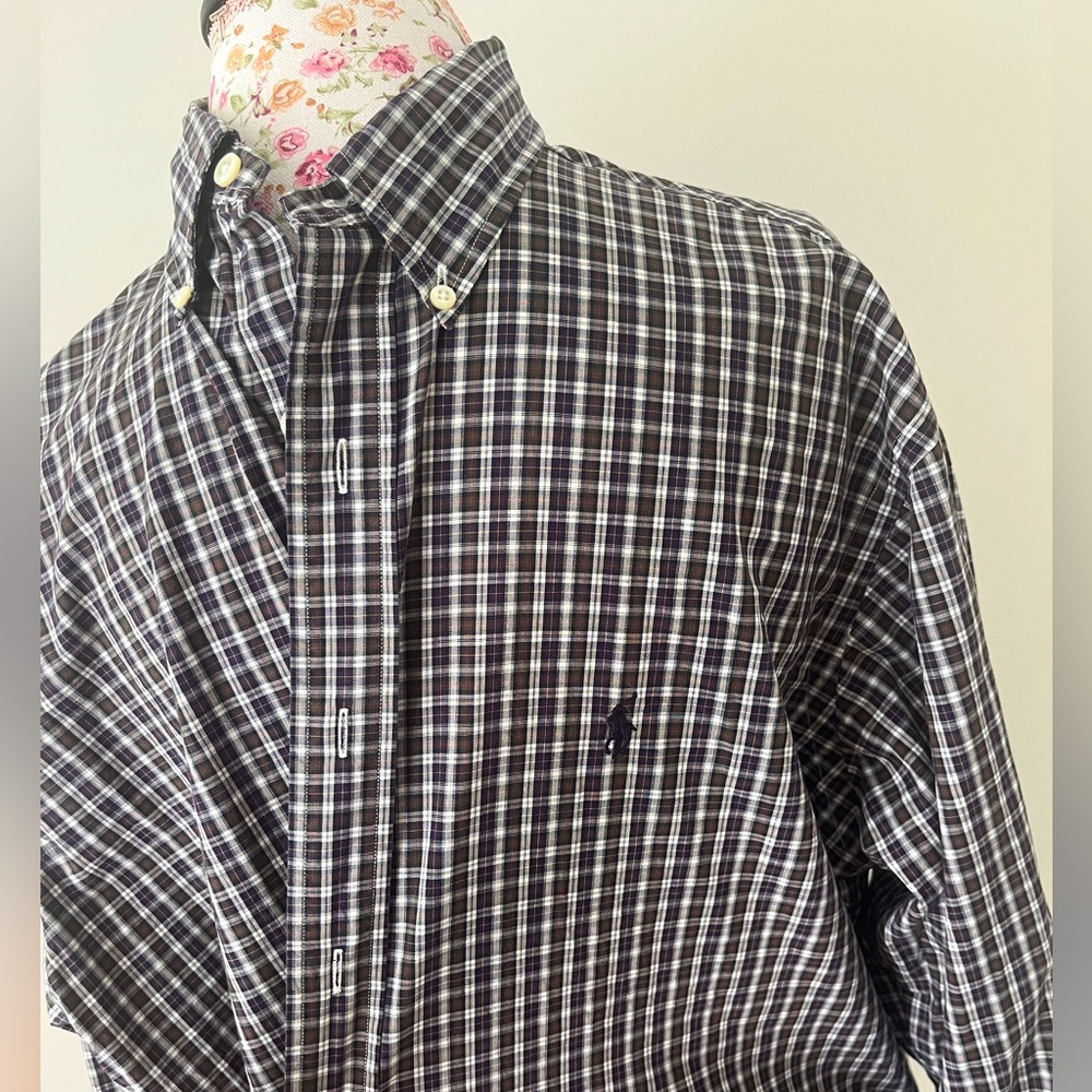 Ralph Lauren 100% cotton dark blue and green plaid button down‎ Yarmouth sz M
